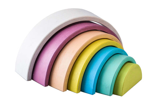 A beech wood stacking rainbow that builds fine motor skills, balance and hand-eye coordination through open-ended, screen-free play.