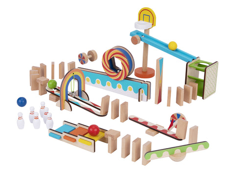A 55+ piece wooden domino run set with ramps, steps and a bell tower — build, knock down and rebuild for screen-free fun.