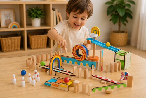 A 55+ piece wooden domino run set with ramps, steps and a bell tower — build, knock down and rebuild for screen-free fun.